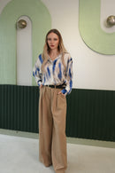 Kadın Bej Yüksek Bel Palazzo Pantolon - Bol Paça Pileli Kumaş Pantolon