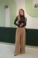 Kadın Kahverengi Balıkçı Yaka Slim Fit Body - Esnek Sandy Kumaş Basic Üst