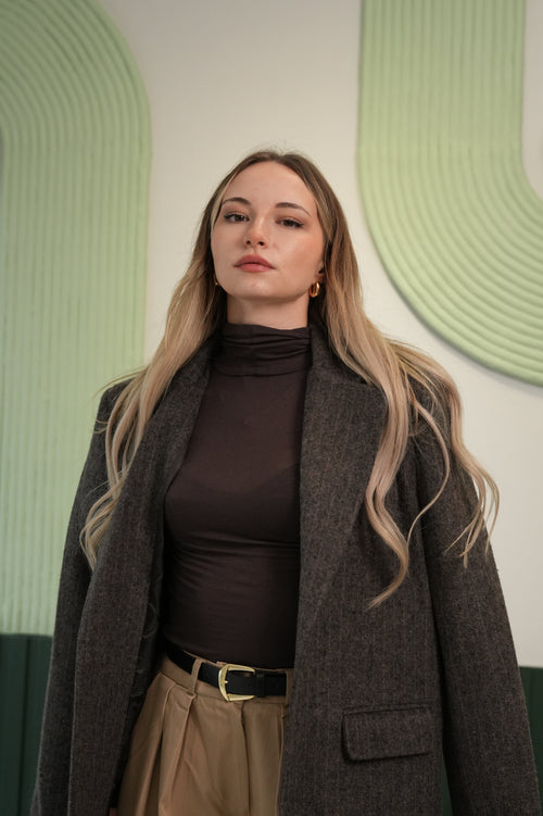 Kadın Füme Melanj Dokulu Oversize Ceket - Klasik Yaka Tek Düğmeli Kaşe Ceket