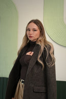 Kadın Füme Melanj Dokulu Oversize Ceket - Klasik Yaka Tek Düğmeli Kaşe Ceket