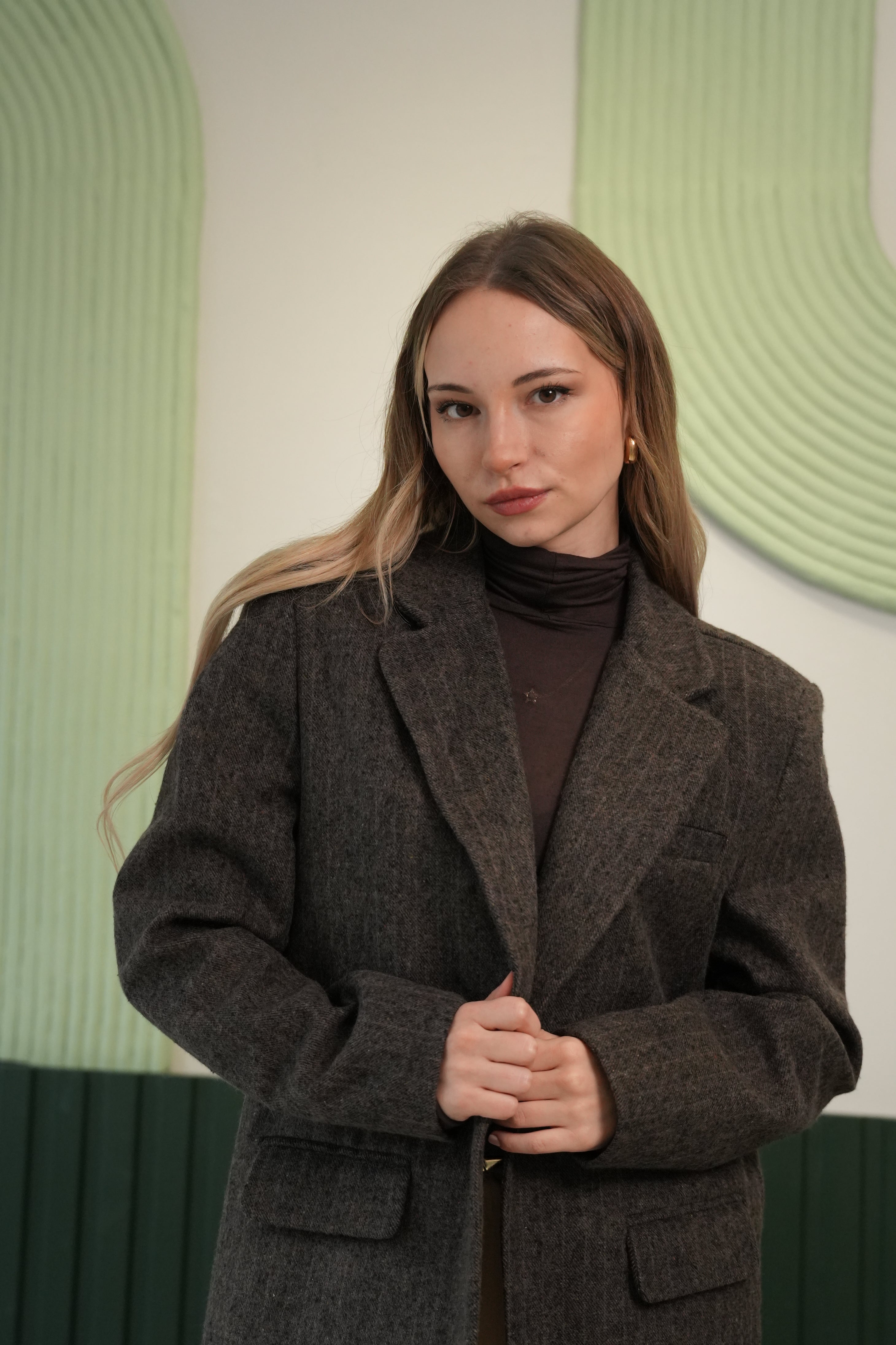 Kadın Füme Melanj Dokulu Oversize Ceket - Klasik Yaka Tek Düğmeli Kaşe Ceket