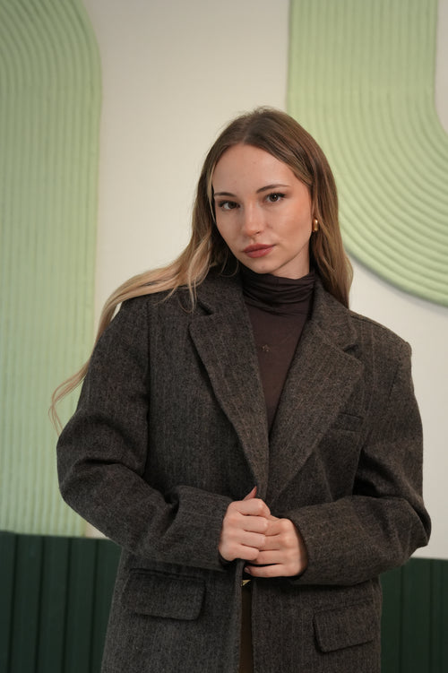 Kadın Füme Melanj Dokulu Oversize Ceket - Klasik Yaka Tek Düğmeli Kaşe Ceket