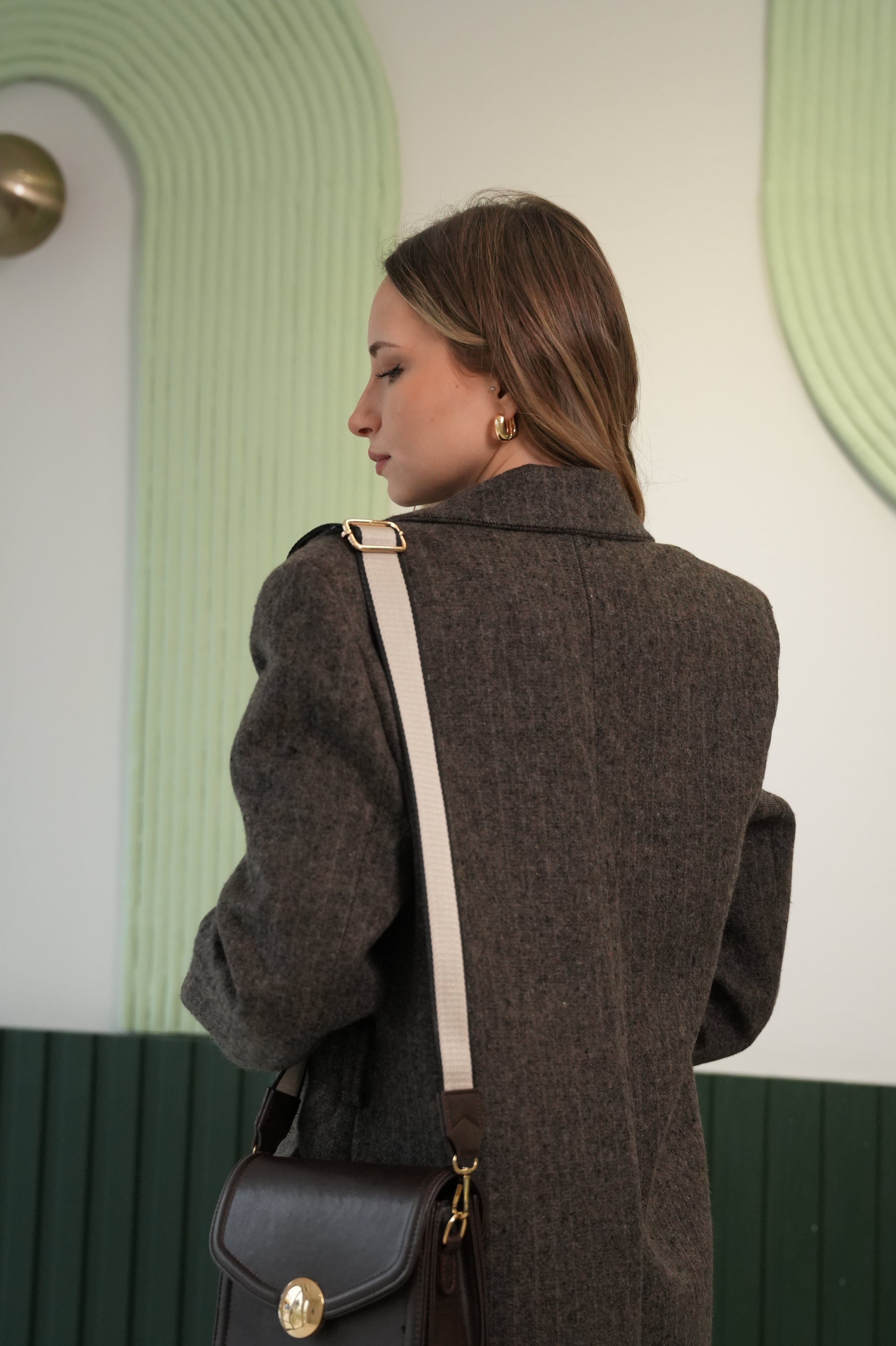 Kadın Füme Melanj Dokulu Oversize Ceket - Klasik Yaka Tek Düğmeli Kaşe Ceket