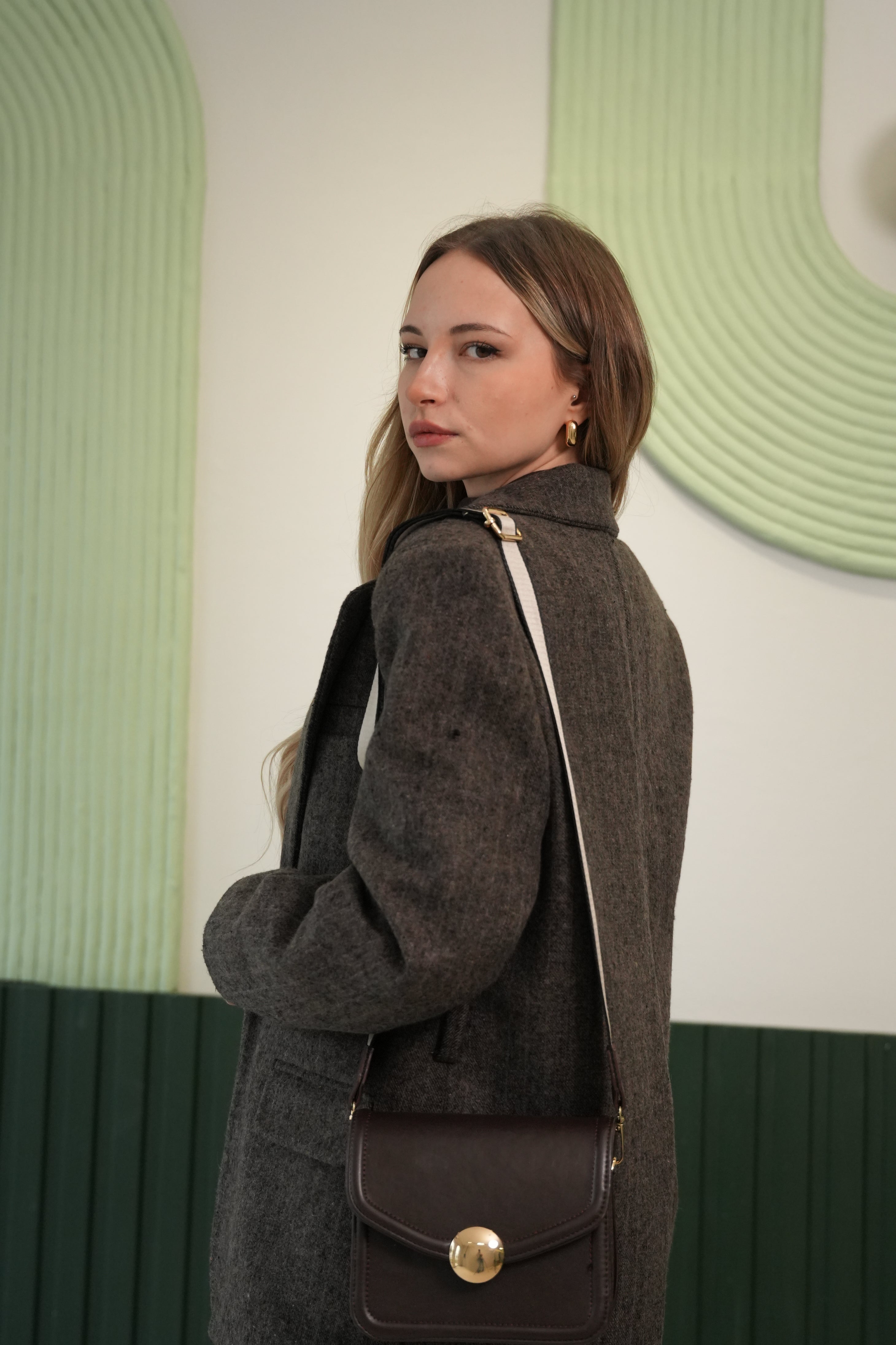 Kadın Füme Melanj Dokulu Oversize Ceket - Klasik Yaka Tek Düğmeli Kaşe Ceket