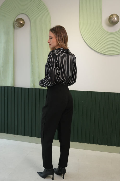 Yüksek Bel Pens Detaylı Sigaret Kumaş Pantolon - Siyah