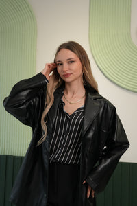 Oversize Kesim Blazer Model Suni Deri Ceket - Siyah