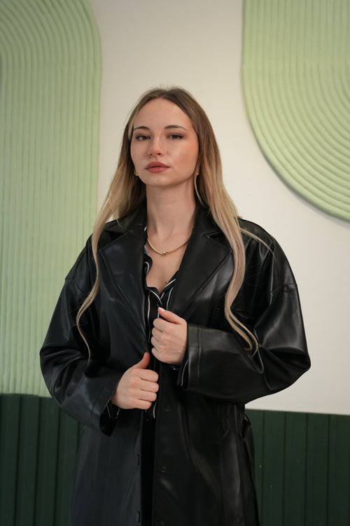 Oversize Kesim Blazer Model Suni Deri Ceket - Siyah