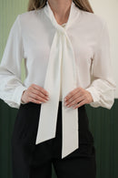 Boyundan Bağlamalı Fular Detaylı Balon Kol Bluz - Ekru