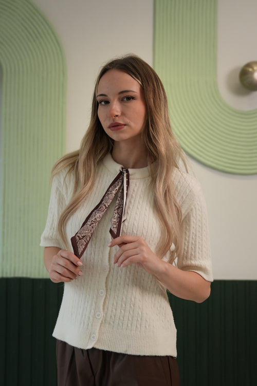 Fular Detaylı Kısa Kollu Triko Hırka – Krem