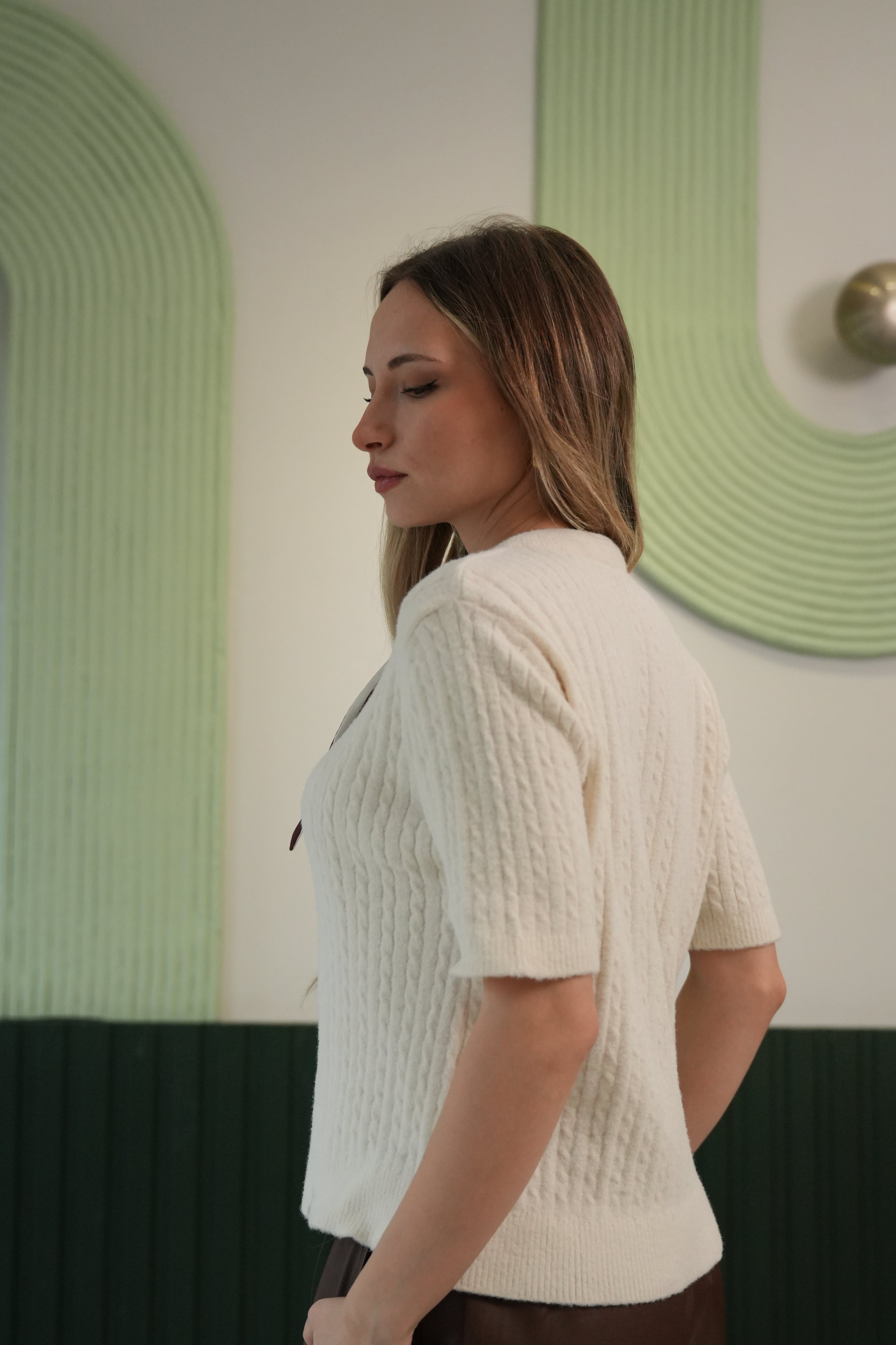 Fular Detaylı Kısa Kollu Triko Hırka – Krem