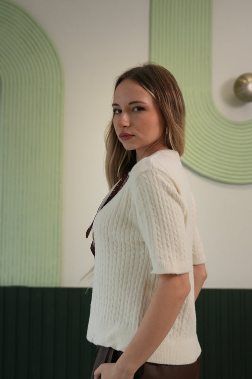 Fular Detaylı Kısa Kollu Triko Hırka – Krem