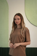 Kadın Yuvarlak Yaka Düz Kesim Basic Tişört – Kahverengi