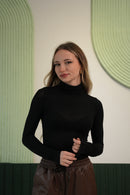 Yarım Balıkçı Yaka Parmak Geçirmeli Dar Kesim Badi - Siyah