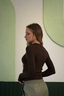 Kadın Polo Yaka Uzun Kollu Slim Fit Bluz – Kahverengi