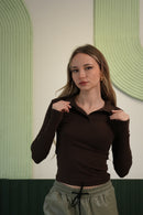 Kadın Polo Yaka Uzun Kollu Slim Fit Bluz – Kahverengi