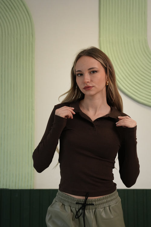 Kadın Polo Yaka Uzun Kollu Slim Fit Bluz – Kahverengi