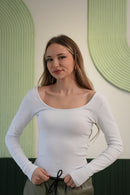 Kadın Kayık Yaka Uzun Kollu Basic Bluz – Beyaz