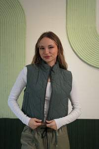 Dik Yaka Kapitoneli Crop Şişme Yelek - Haki