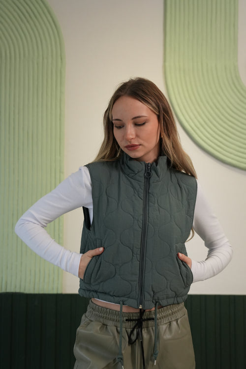 Dik Yaka Kapitoneli Crop Şişme Yelek - Haki