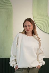 Oversize Kesim Bisiklet Yaka Basic Sweatshirt - Beyaz