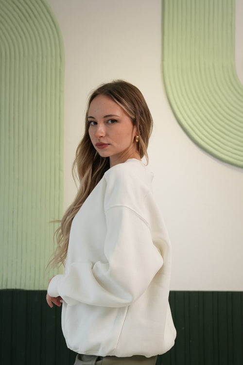 Oversize Kesim Bisiklet Yaka Basic Sweatshirt - Beyaz