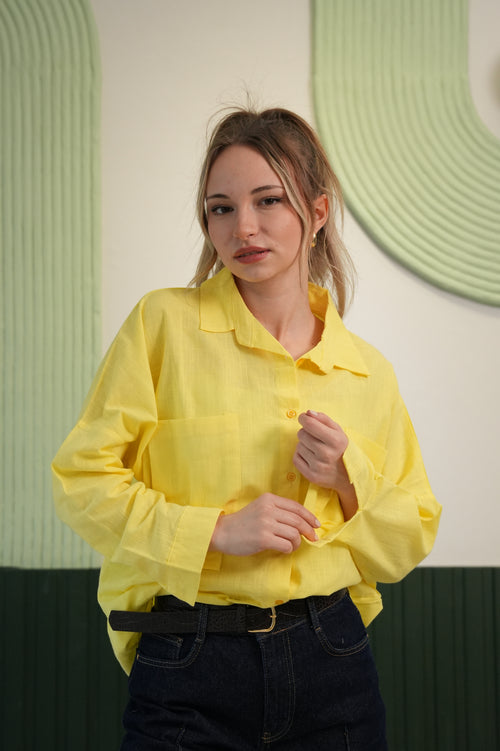 Oversize Kesim Çift Cepli Klasik Yaka Gömlek - Sarı