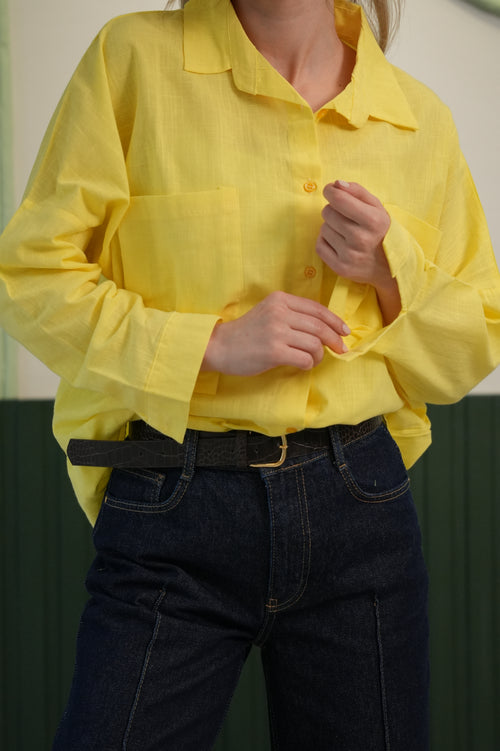 Oversize Kesim Çift Cepli Klasik Yaka Gömlek - Sarı