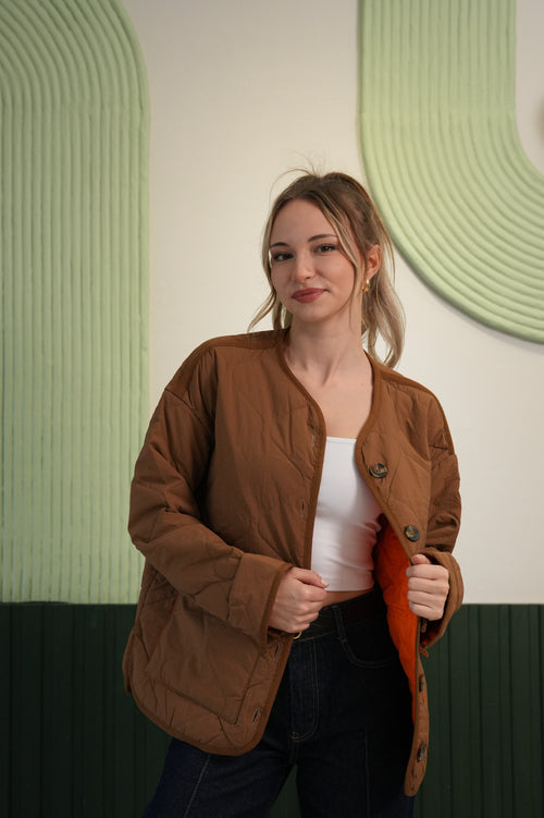 Oversize Kesim Kapitoneli Düğmeli Mevsimlik Mont - Kahverengi