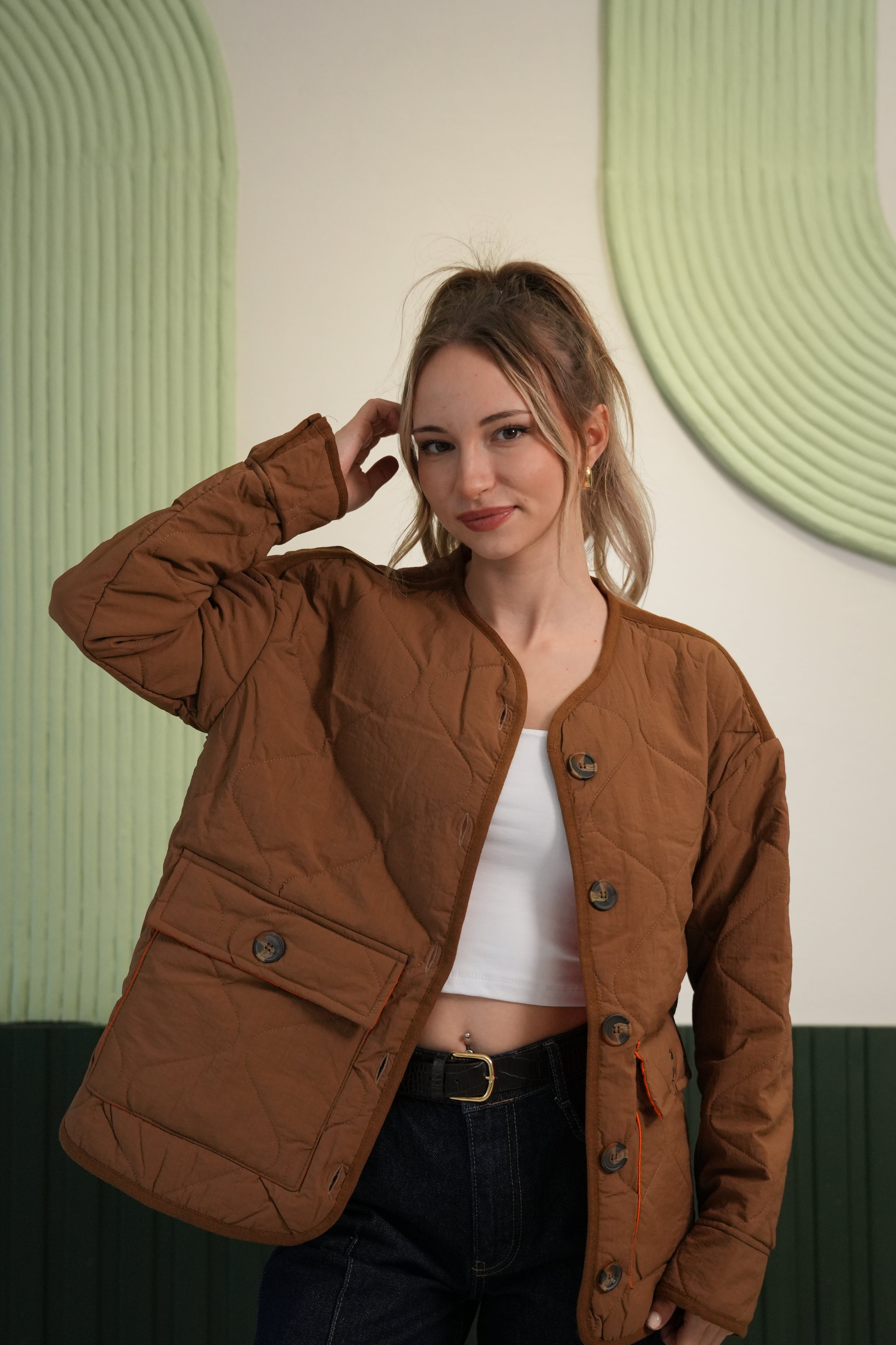 Oversize Kesim Kapitoneli Düğmeli Mevsimlik Mont - Kahverengi