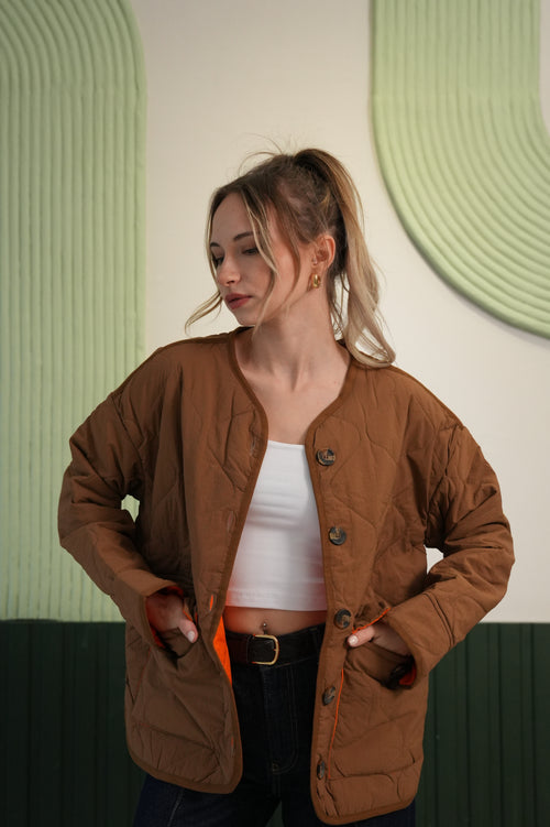 Oversize Kesim Kapitoneli Düğmeli Mevsimlik Mont - Kahverengi