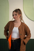 Oversize Kesim Kapitoneli Düğmeli Mevsimlik Mont - Kahverengi