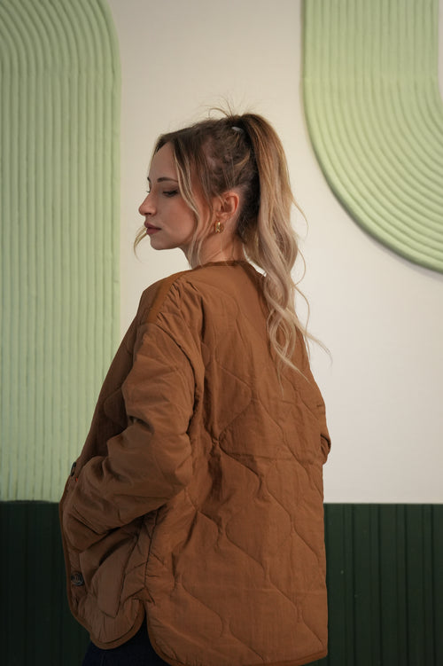 Oversize Kesim Kapitoneli Düğmeli Mevsimlik Mont - Kahverengi