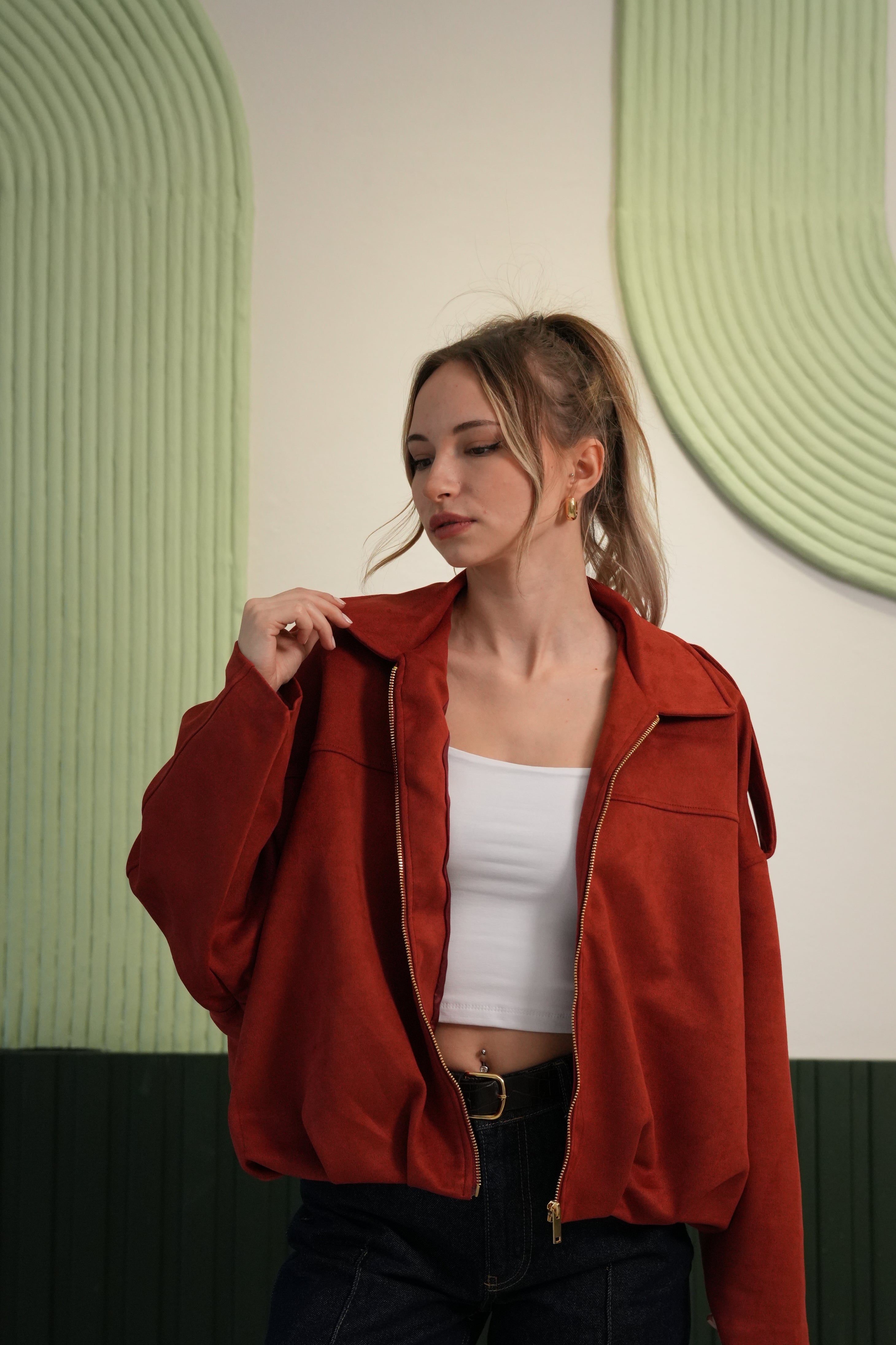 Oversize Kesim Fermuarlı Süet Görünümlü Mont - Kiremit