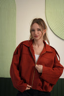 Oversize Kesim Fermuarlı Süet Görünümlü Mont - Kiremit