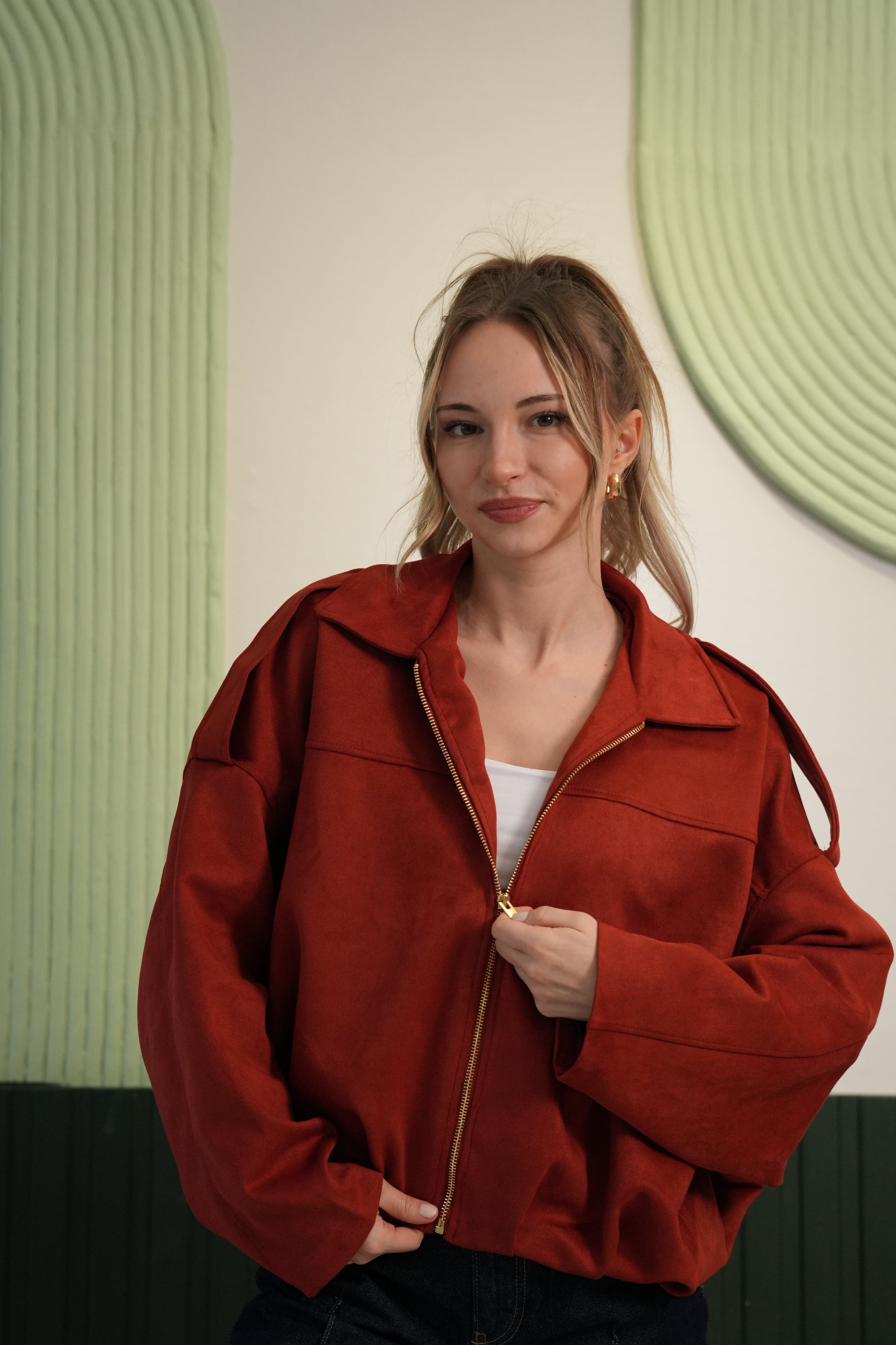 Oversize Kesim Fermuarlı Süet Görünümlü Mont - Kiremit