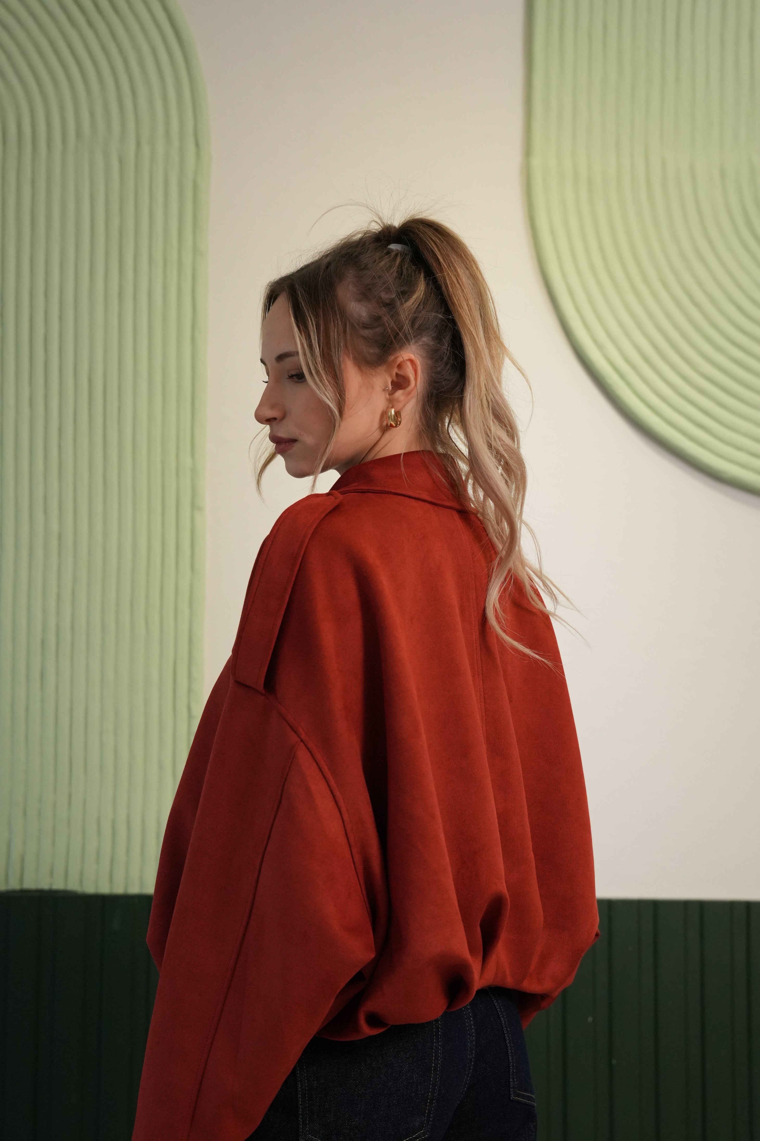 Oversize Kesim Fermuarlı Süet Görünümlü Mont - Kiremit