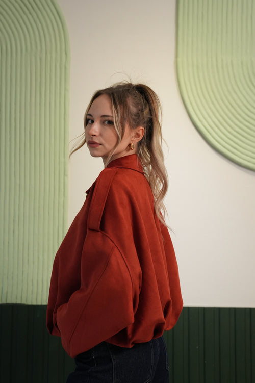 Oversize Kesim Fermuarlı Süet Görünümlü Mont - Kiremit