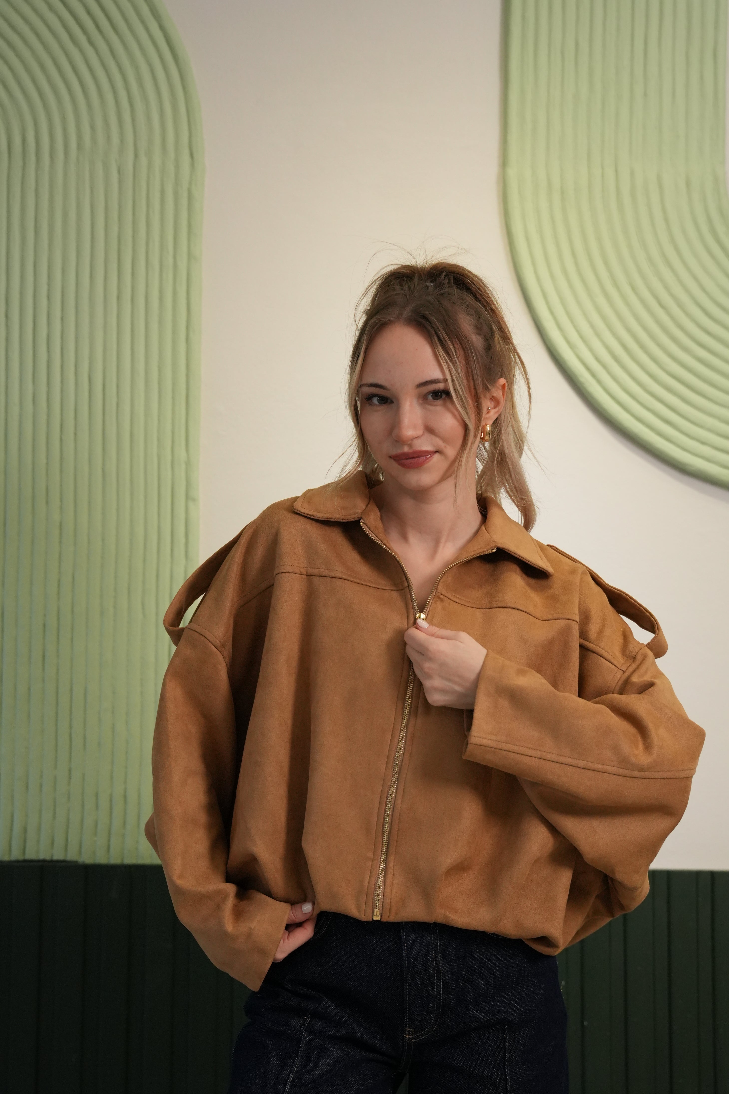 Oversize Kesim Fermuarlı Süet Görünümlü Mont - Taba