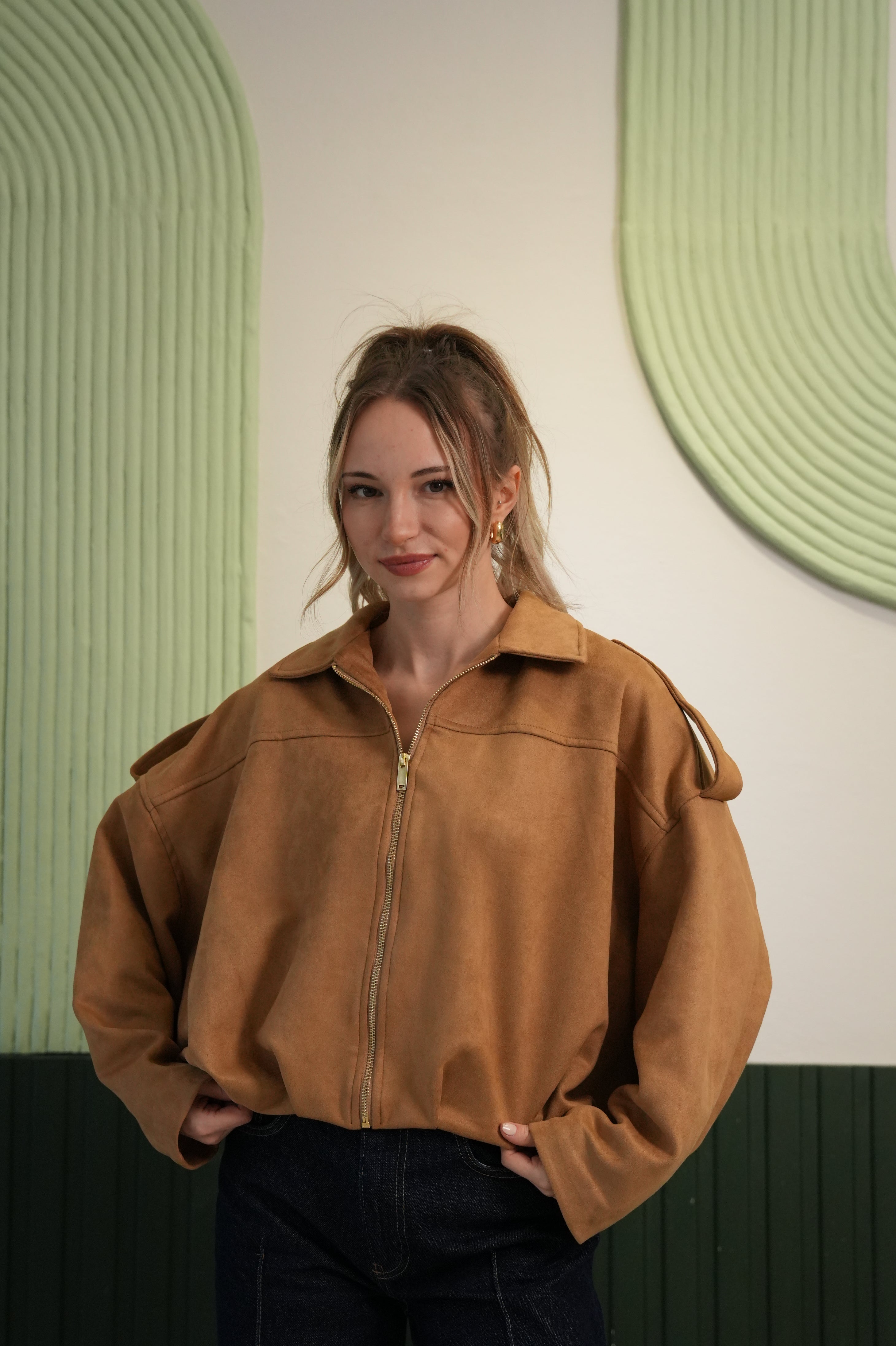 Oversize Kesim Fermuarlı Süet Görünümlü Mont - Taba