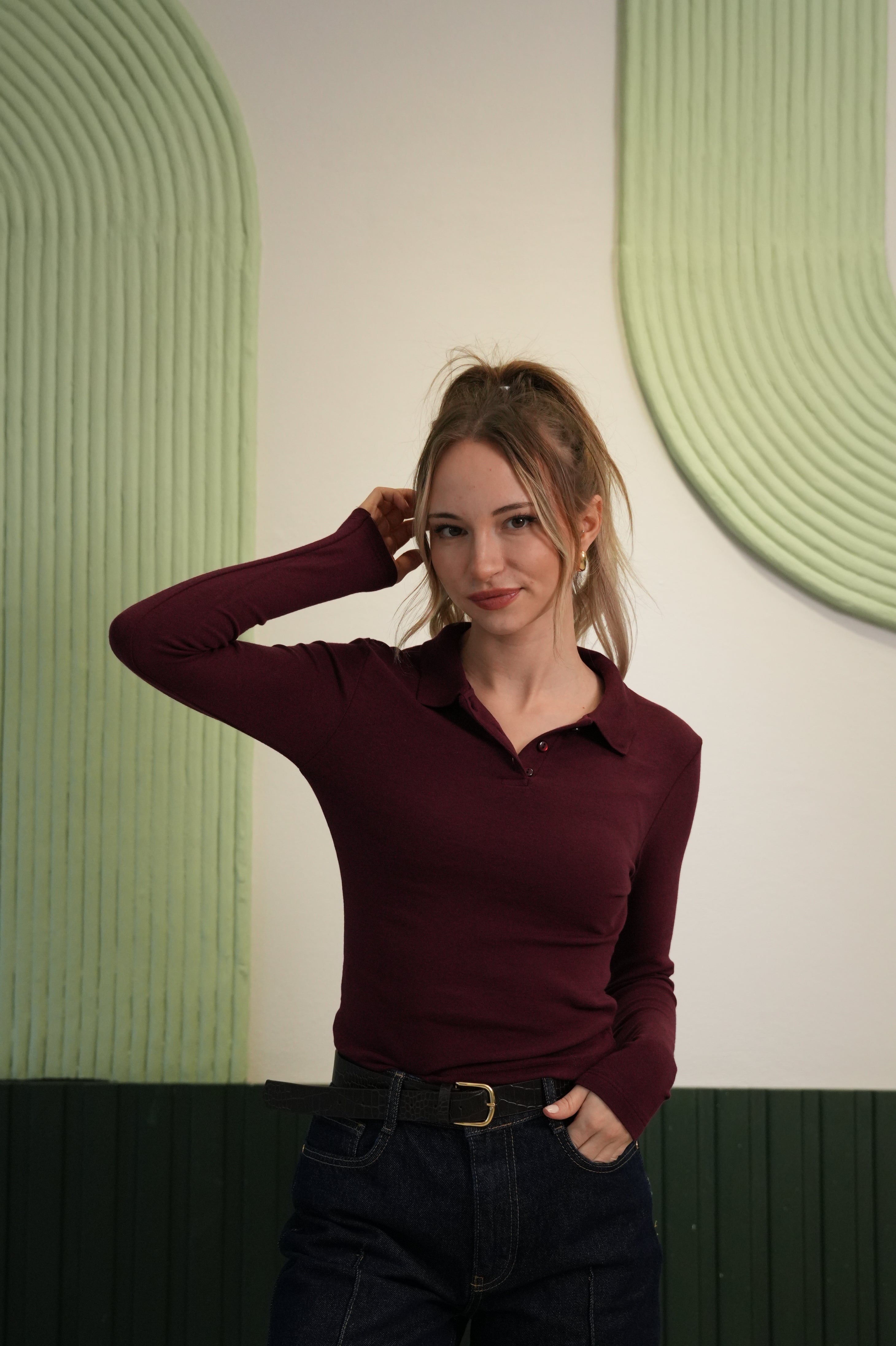 Kadın Polo Yaka Uzun Kollu Slim Fit Bluz – Bordo