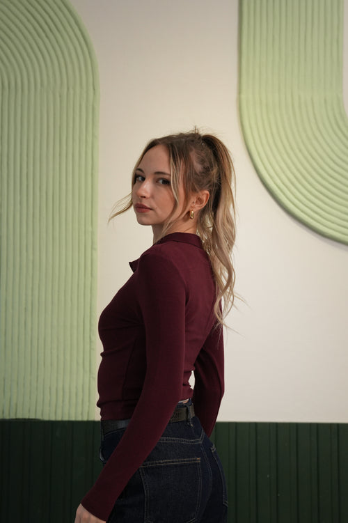 Kadın Polo Yaka Uzun Kollu Slim Fit Bluz – Bordo