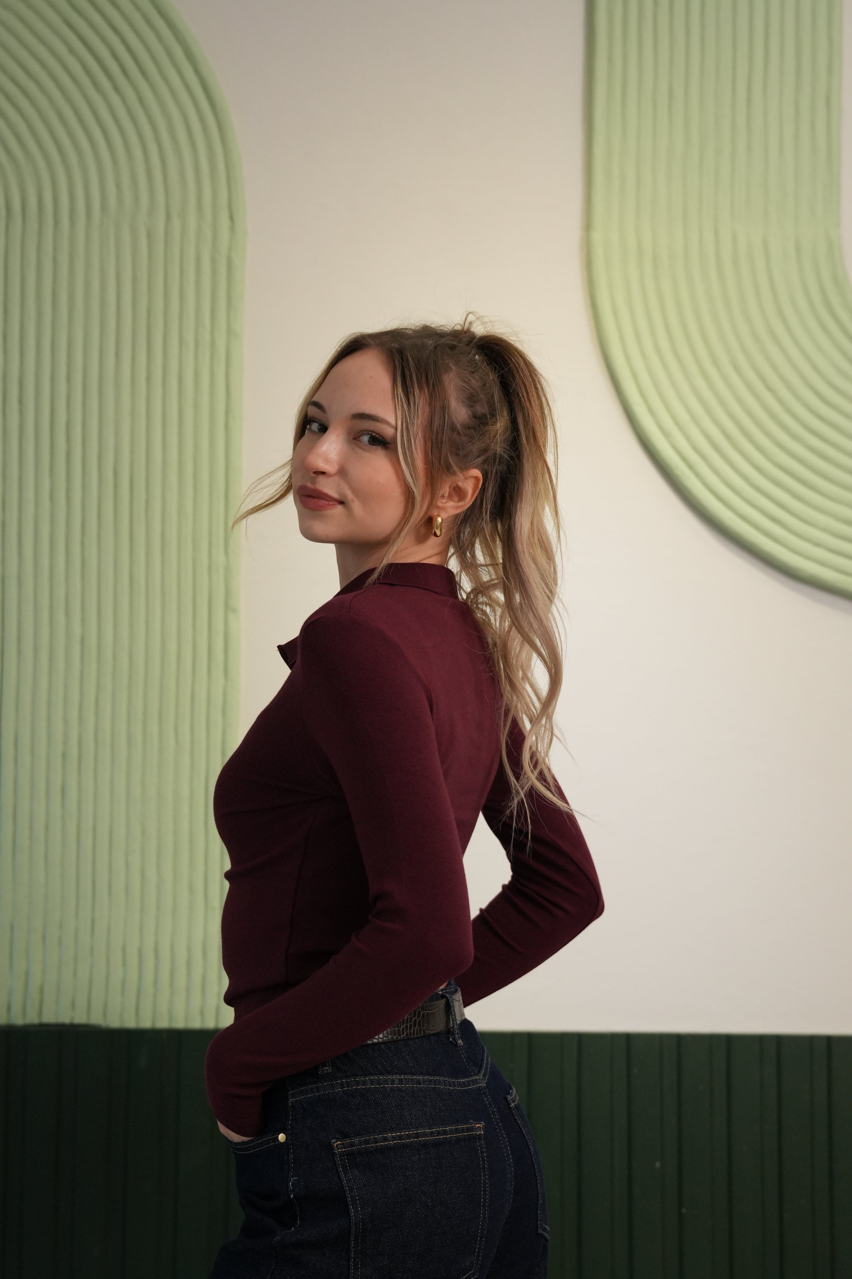 Kadın Polo Yaka Uzun Kollu Slim Fit Bluz – Bordo