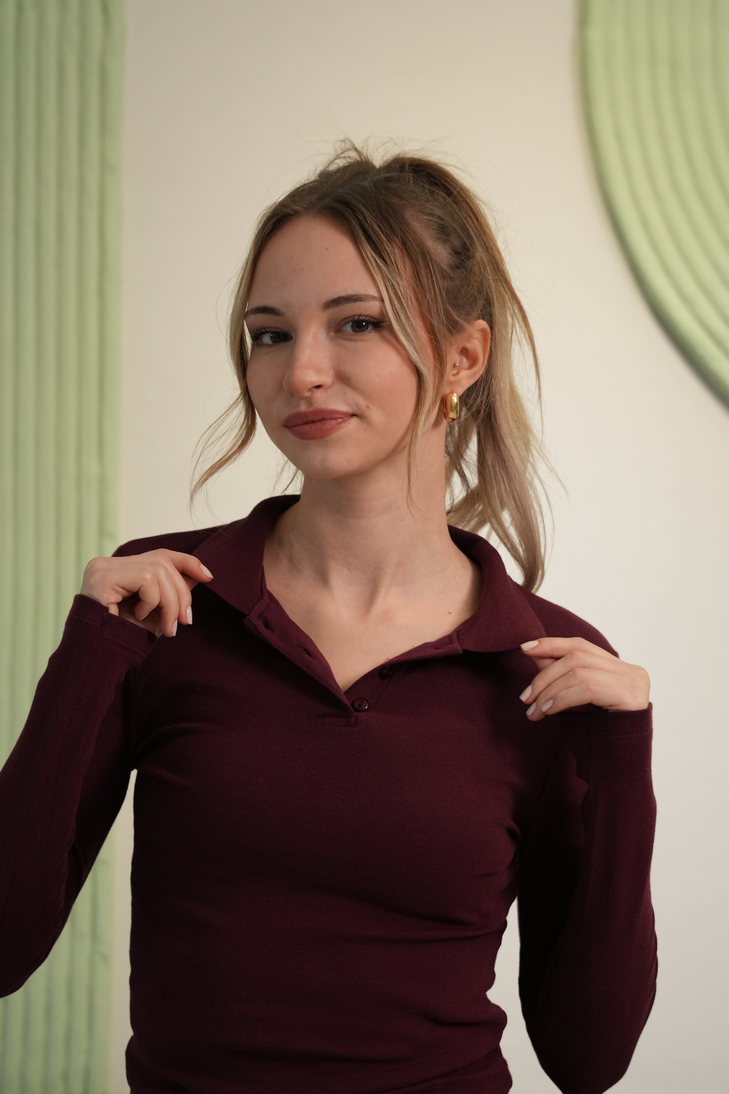 Kadın Polo Yaka Uzun Kollu Slim Fit Bluz – Bordo