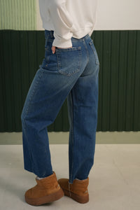 Yüksek Bel Geniş Paça Kesik Detaylı Jean Pantolon - Mavi