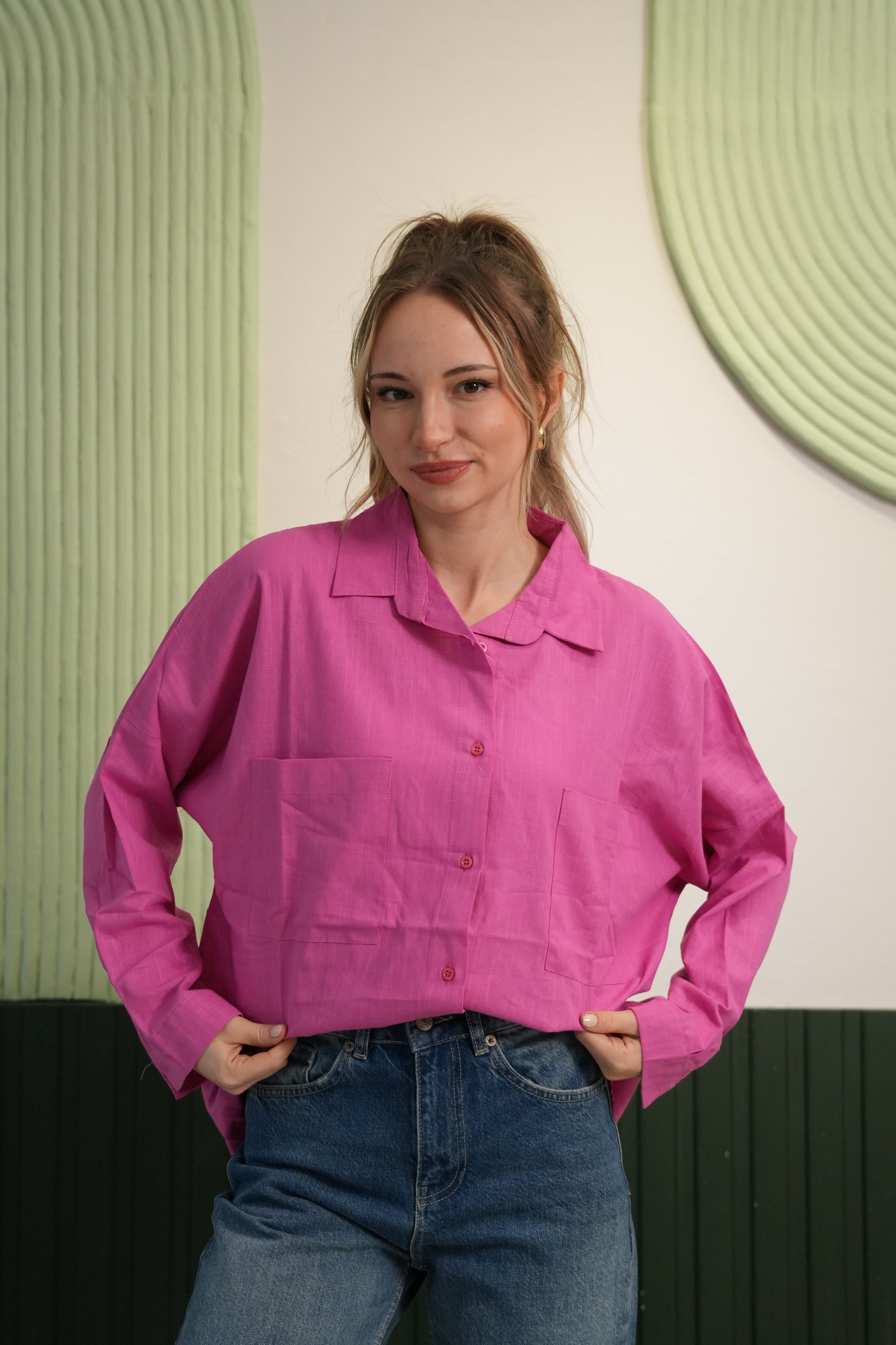 Oversize Kesim Çift Cepli Klasik Yaka Gömlek - Fuşya