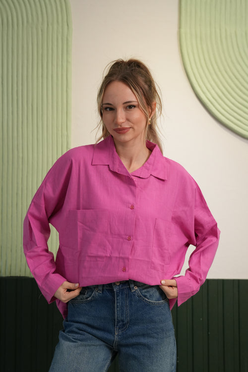 Oversize Kesim Çift Cepli Klasik Yaka Gömlek - Fuşya