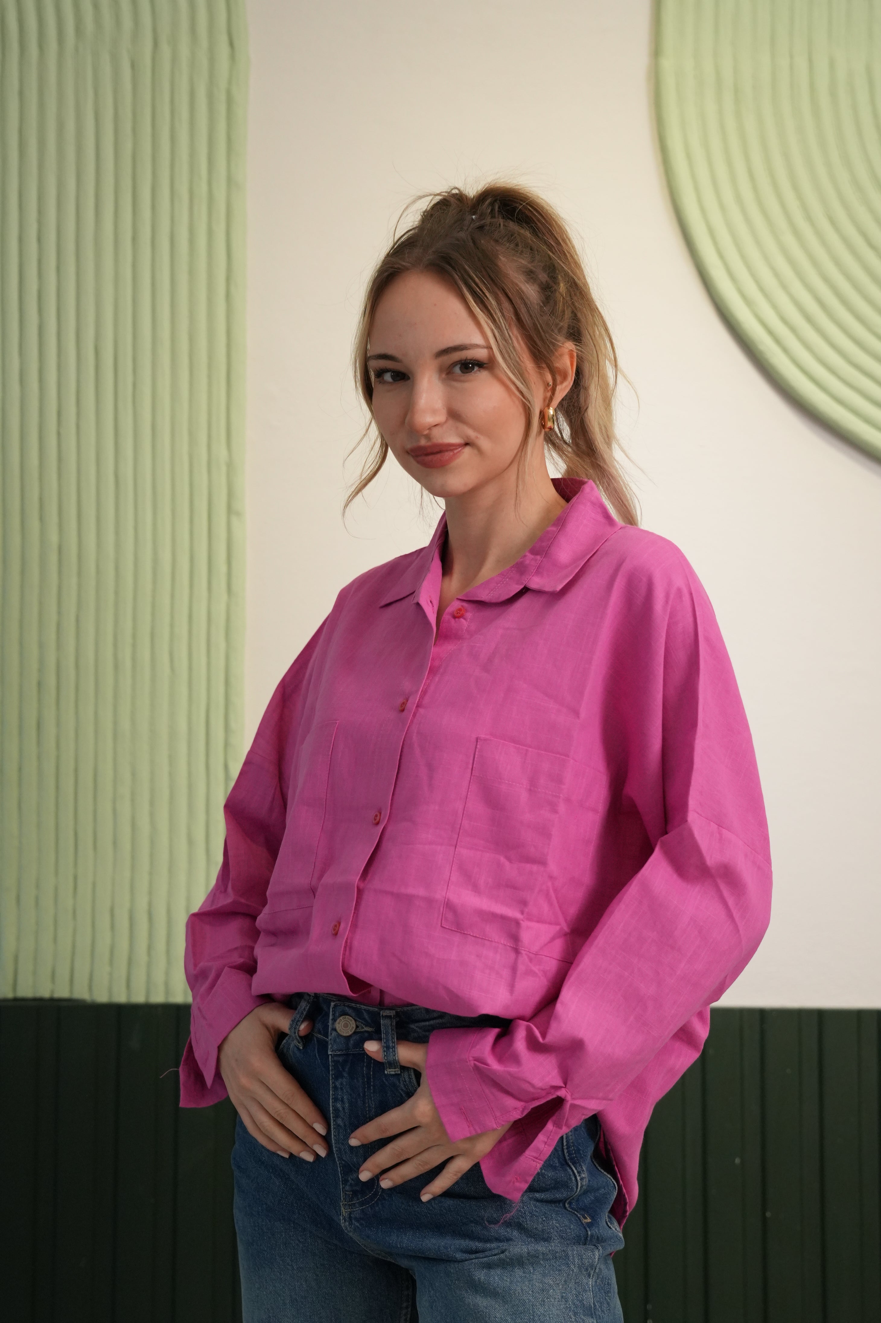 Oversize Kesim Çift Cepli Klasik Yaka Gömlek - Fuşya