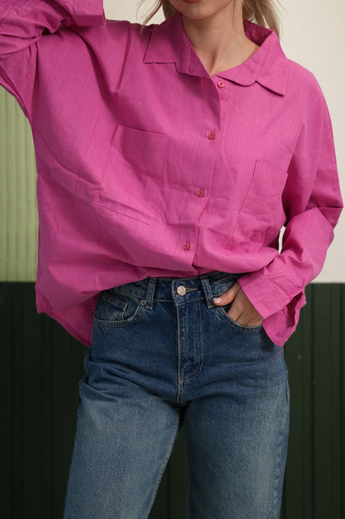 Oversize Kesim Çift Cepli Klasik Yaka Gömlek - Fuşya