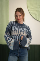 Kadın Mavi Desenli Oversize Örgü Kazak