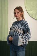 Kadın Mavi Desenli Oversize Örgü Kazak